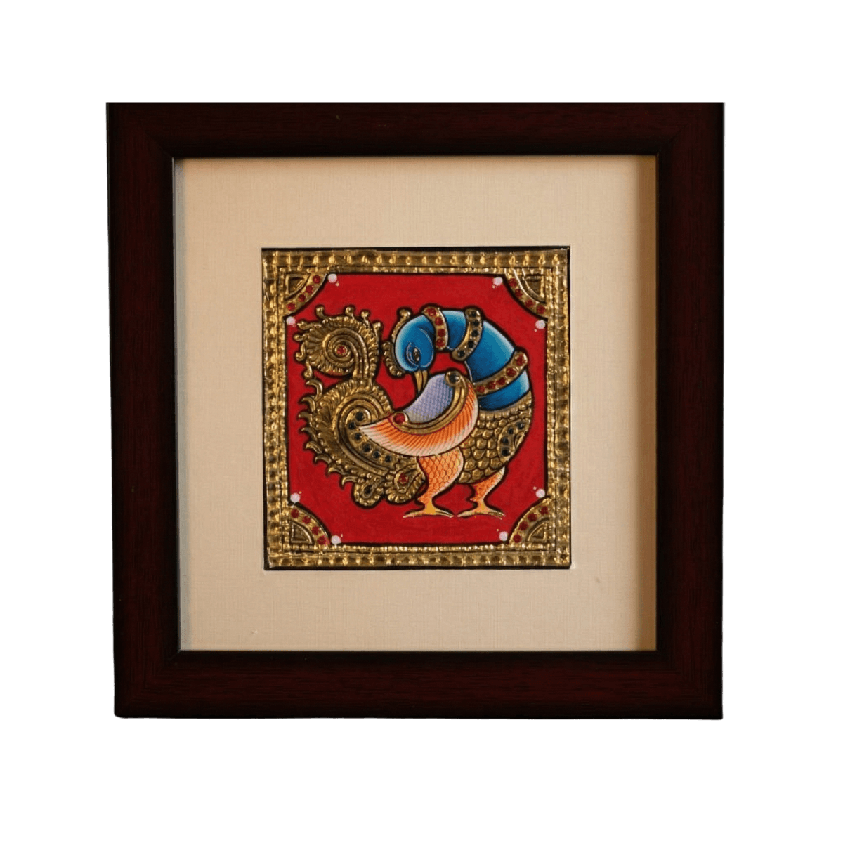Hand-painted traditional Peacock (Mayur) Tanjore painting with 22K gold foil and semi-precious Kundan stones on a red background in a dark teak wood frame.