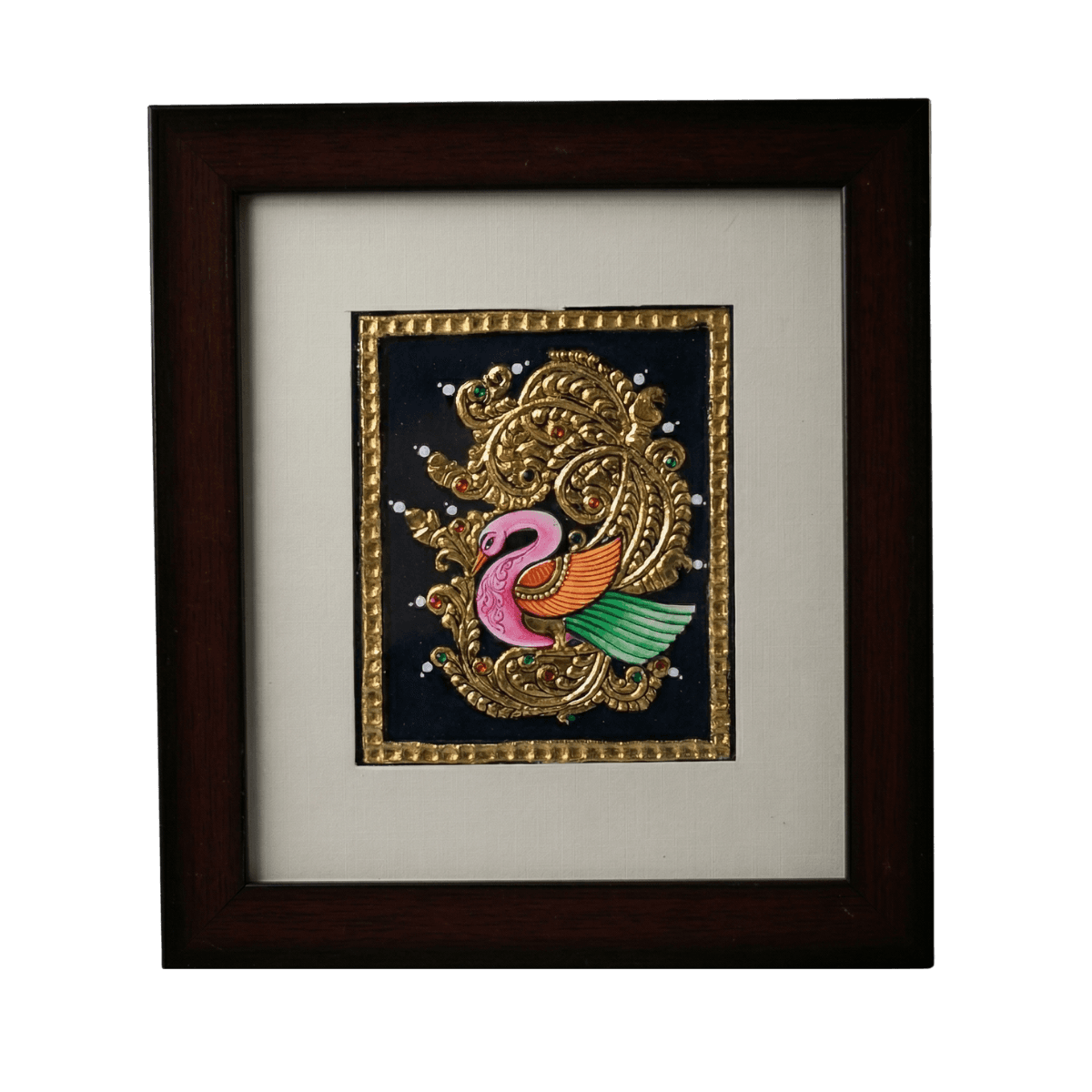 Hand-painted traditional Swan (Hamsa) Tanjore painting with 22K gold foil and semi-precious stones on a black background in a dark wood frame.