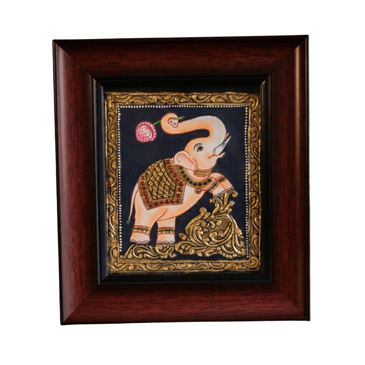 Hand-painted traditional Royal Elephant Tanjore painting with raised trunk holding a lotus, featuring 22K gold foil and kundan stones on a dark background.