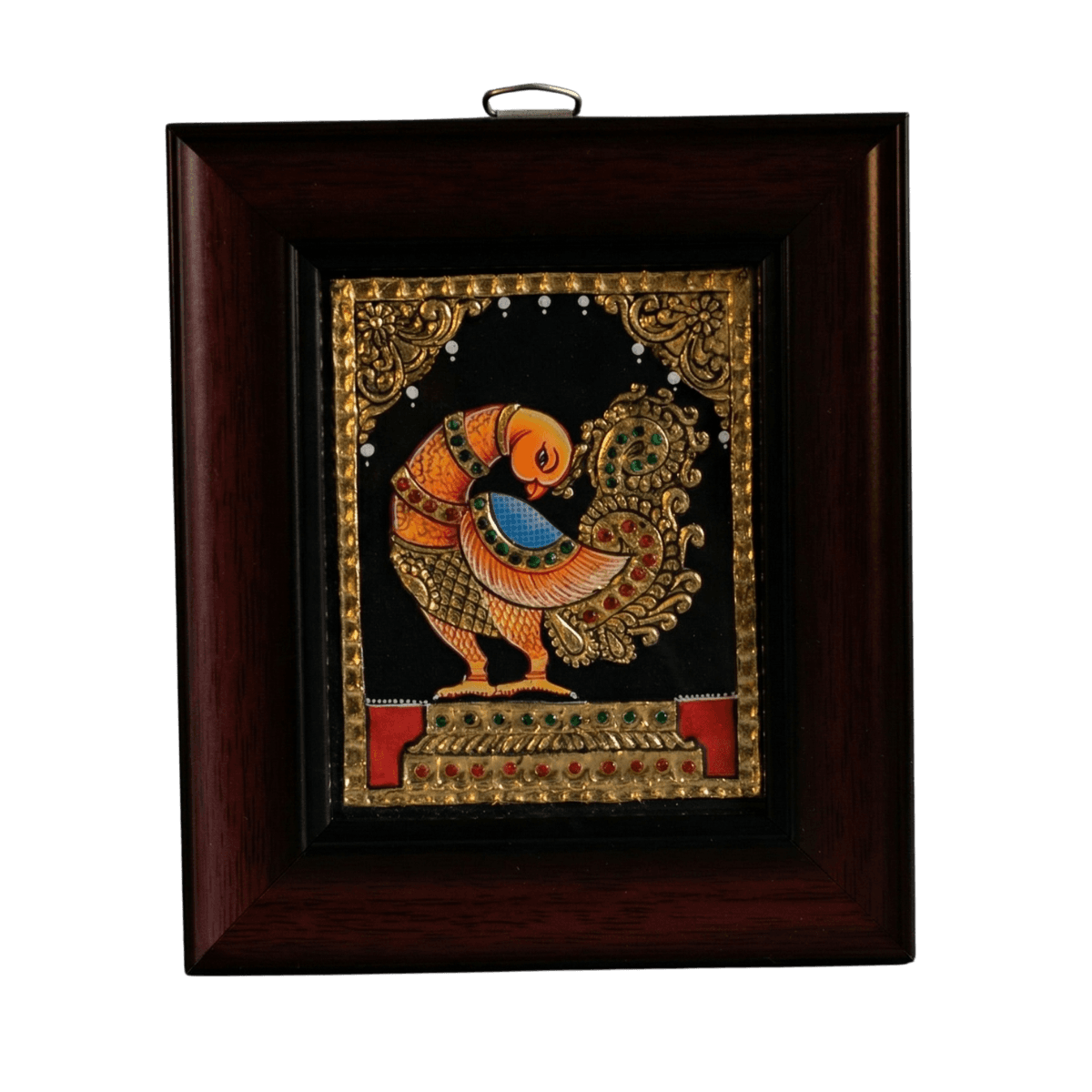 Hand-painted traditional bird motif Tanjore painting in orange and gold, featuring 22K gold foil and kundan stones on a black background in a teak wood frame.