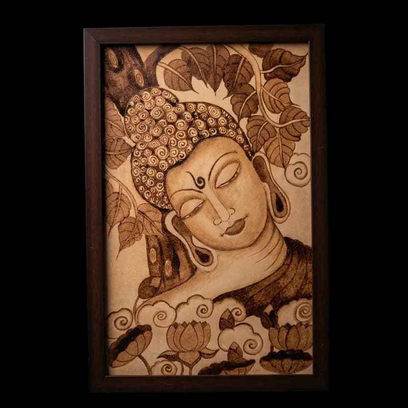 Hand-painted Buddha coffee mural with Bodhi leaves and lotus flowers in monochromatic brown tones, framed in dark wood by Shree Jai Arts.