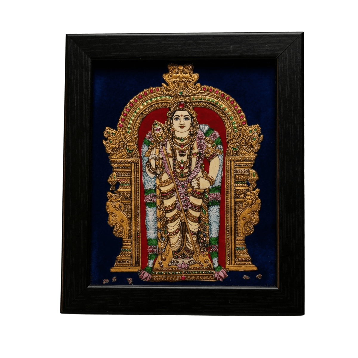 Handmade Lord Murugan reverse glass painting by Shree Jai Arts. The Hindu deity is depicted standing gracefully with his sacred Vel (spear) inside an ornate gold archway, set against a rich dark background in a premium black frame.