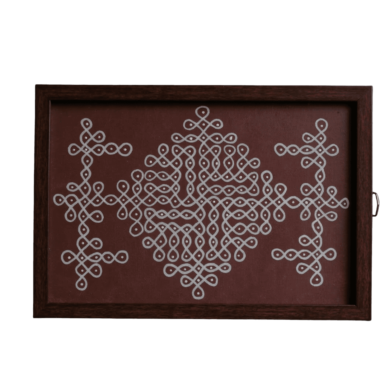 Traditional white Sikku Kolam pattern hand-painted on a deep terracotta-colored wooden board, framed in a dark wood frame by Shree Jai Arts.