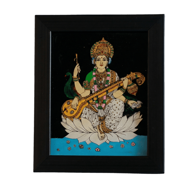 Goddess Saraswati Reverse Glass Painting (Small)