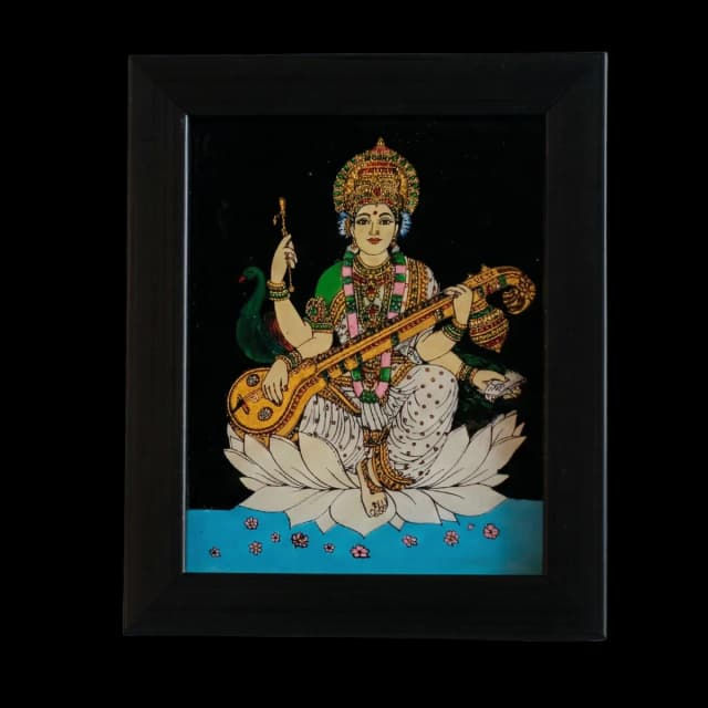 Goddess Saraswati Reverse Glass Painting (Small)