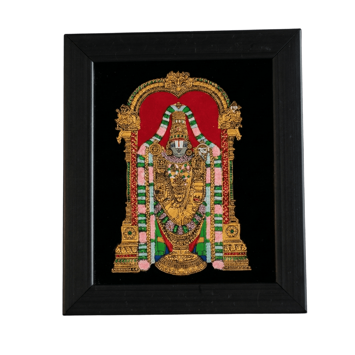 Handpainted Lord Balaji reverse glass painting in a black desk frame. Authentic traditional Indian art by Shree Jai Arts featuring intricate gold detailing