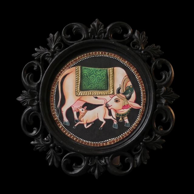 Kamadhenu Cow and Calf Tanjore Painting
