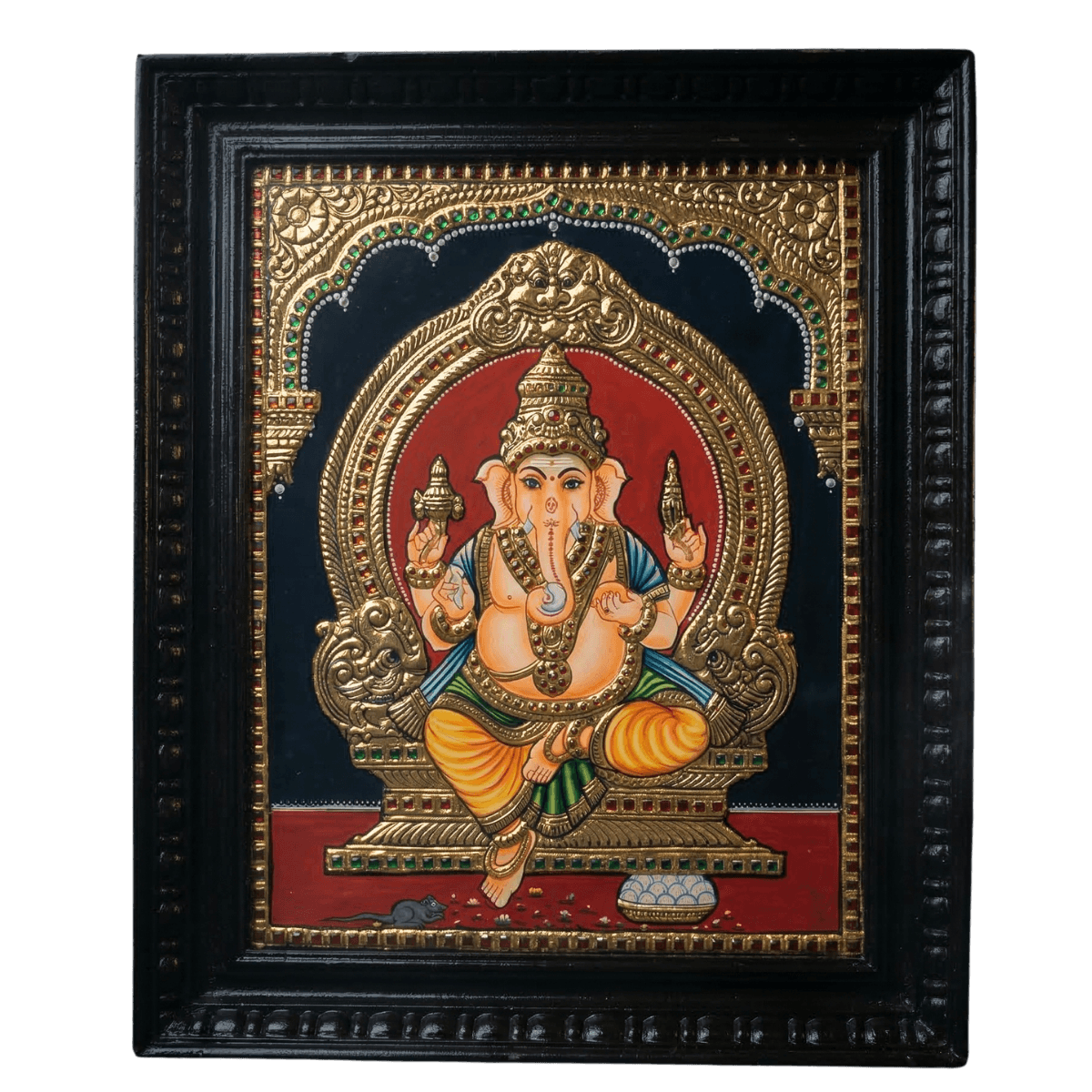 Hand-painted Lord Ganesha Tanjore painting with 22-carat gold foil and Jaipur Kundan stones in a Teak Wood Mani frame by Shree Jai Arts.