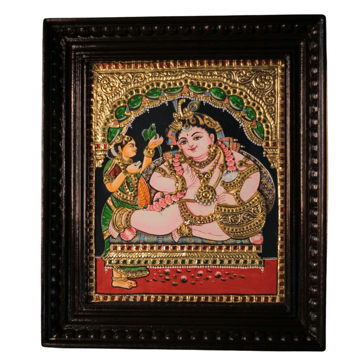 Hand-painted Tanjore painting of Butter Bala Krishna holding a butter pot and parrot, featuring 22K gold foil and kundan stones in a 3-inch teak wood frame.