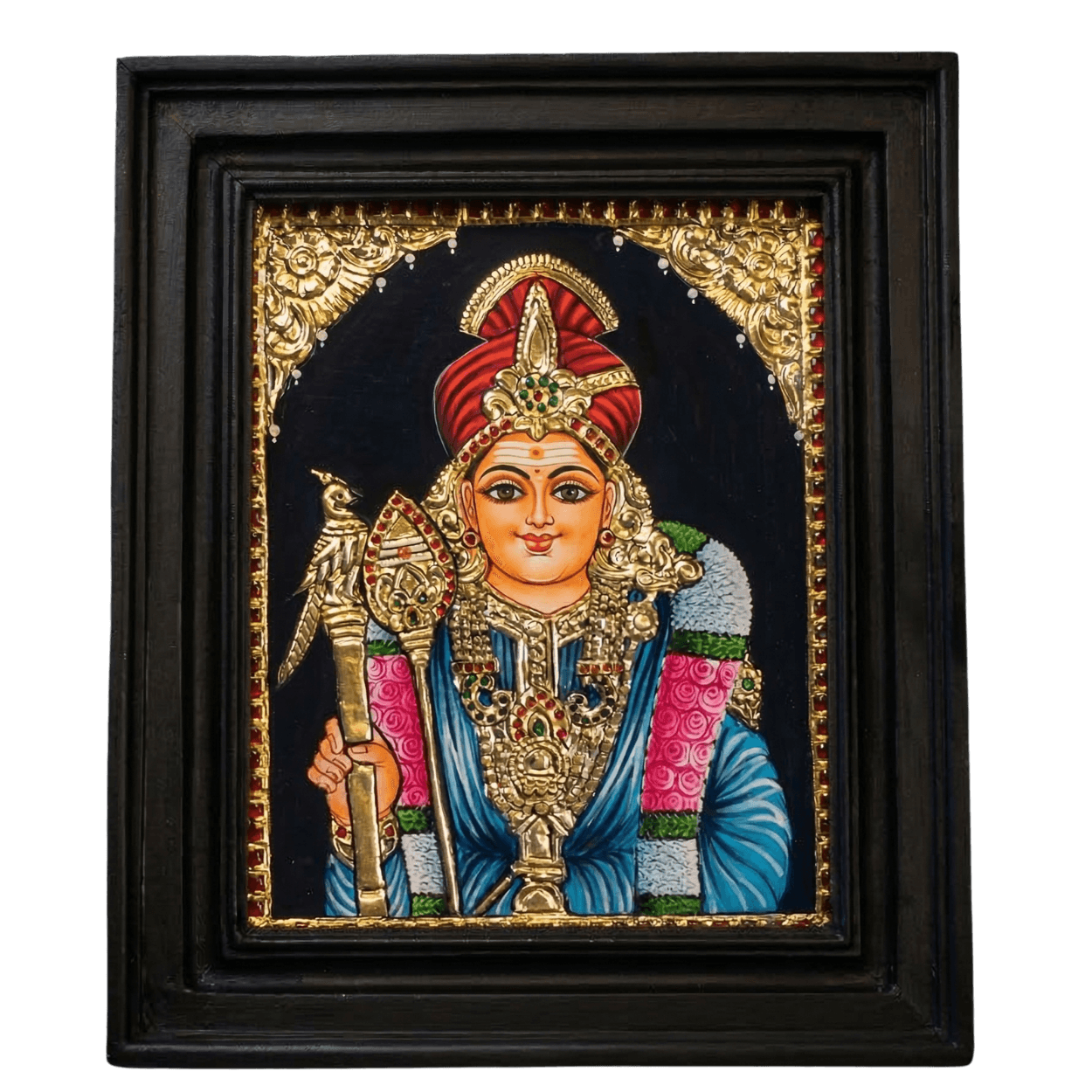 and-painted Tanjore painting of Lord Murugar in Raja Alangaram with 22K gold foil, featuring the Vel and a peacock motif, in a dark teak wood frame.