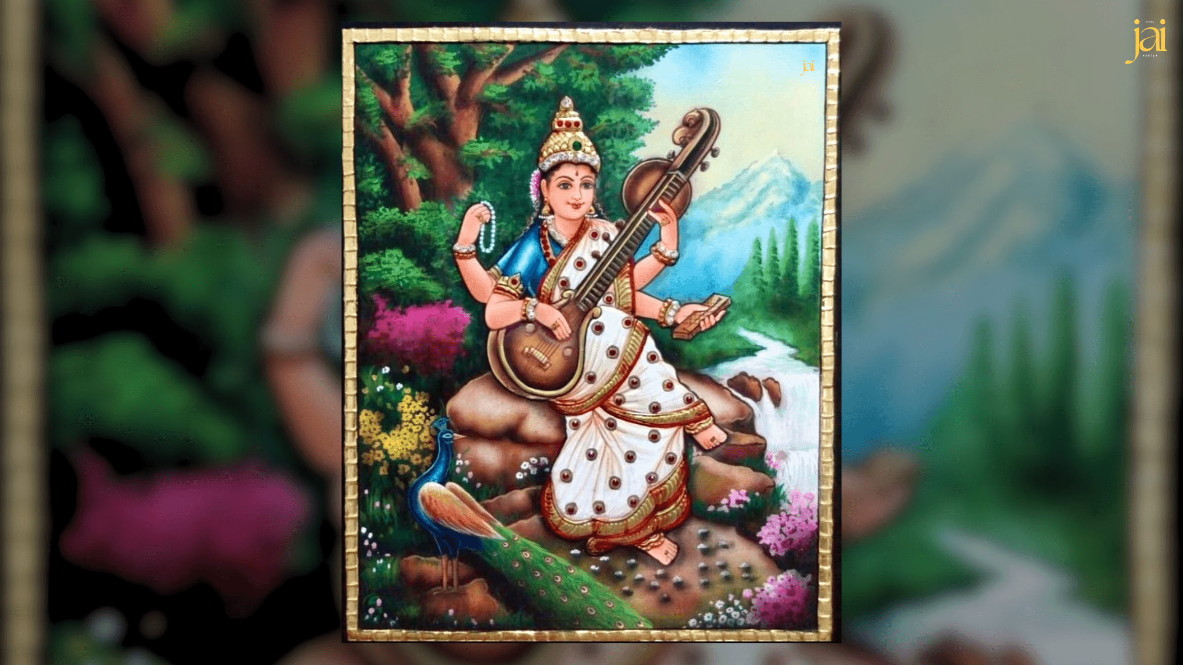 Godess Saraswati in Raja Ravi Varma and Tanjore Style Fusion Painting by Shree Jai Arts 