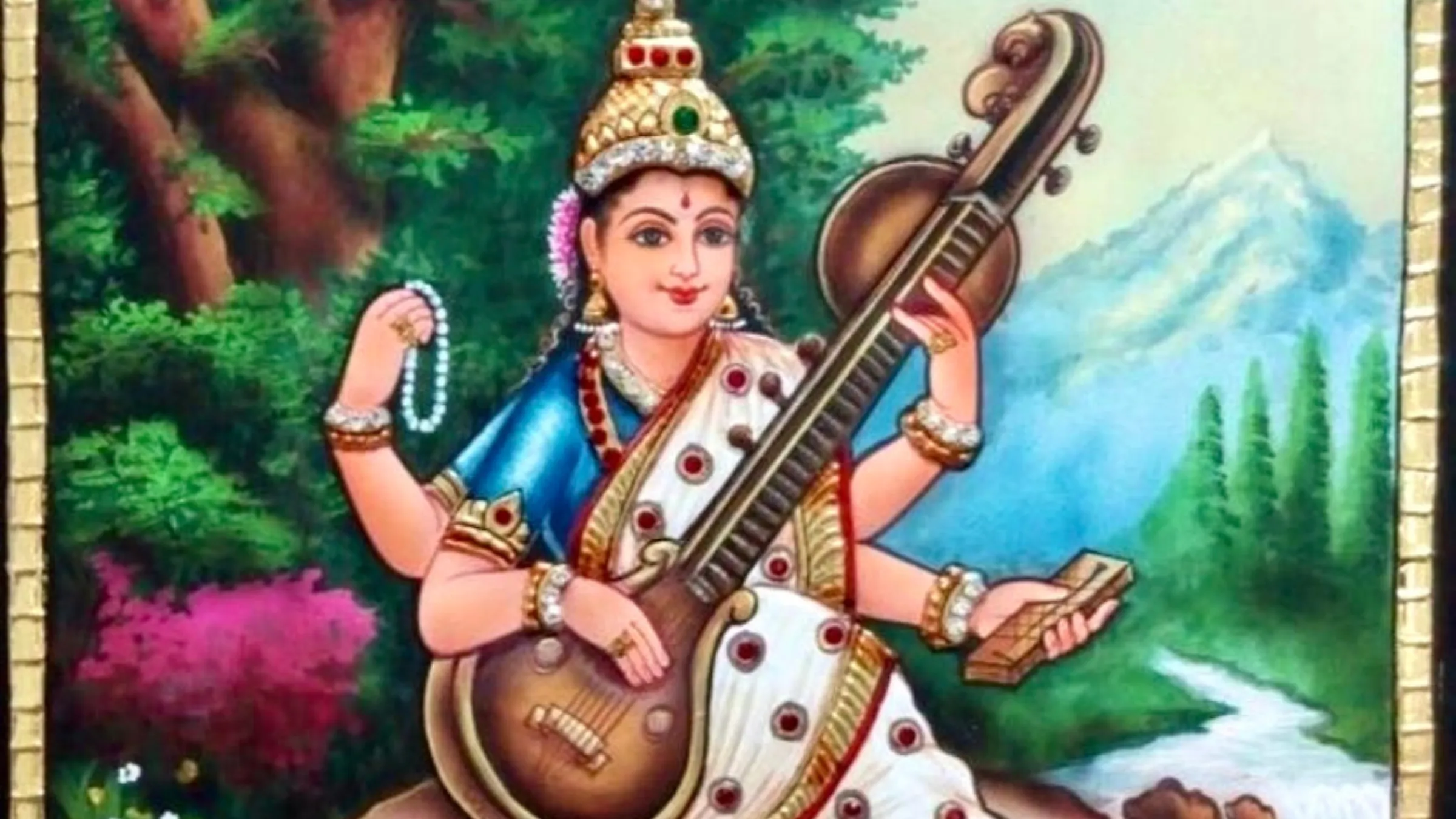 Goddess Saraswati painting in Raja Ravi Varma and Tanjore Style Fusion by Shree Jai Arts