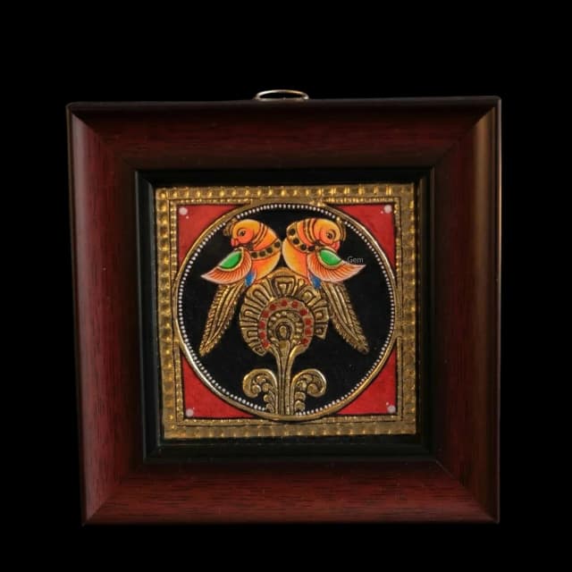 Golden Twin Parrots Tanjore Painting