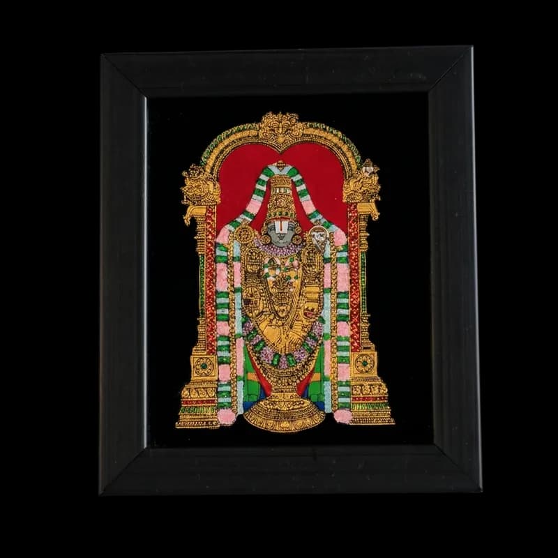 Handpainted Lord Balaji reverse glass painting in a black desk frame. Authentic traditional Indian art by Shree Jai Arts featuring intricate gold detailing