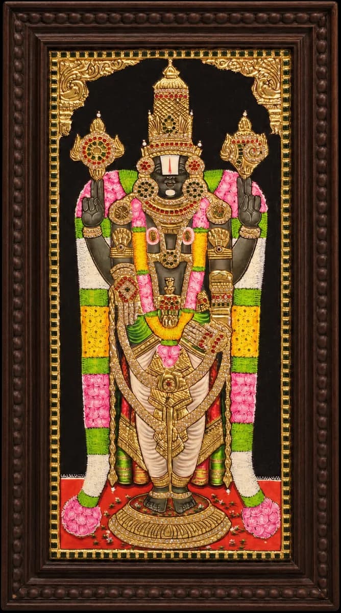 Lord Perumal Tanjore painting with 22K gold and a carved wooden frame