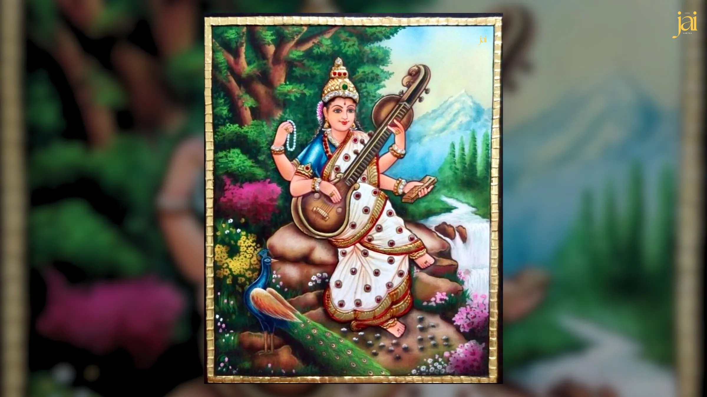 Godess Saraswati in Raja Ravi Varma and Tanjore Style Fusion Painting by Shree Jai Arts